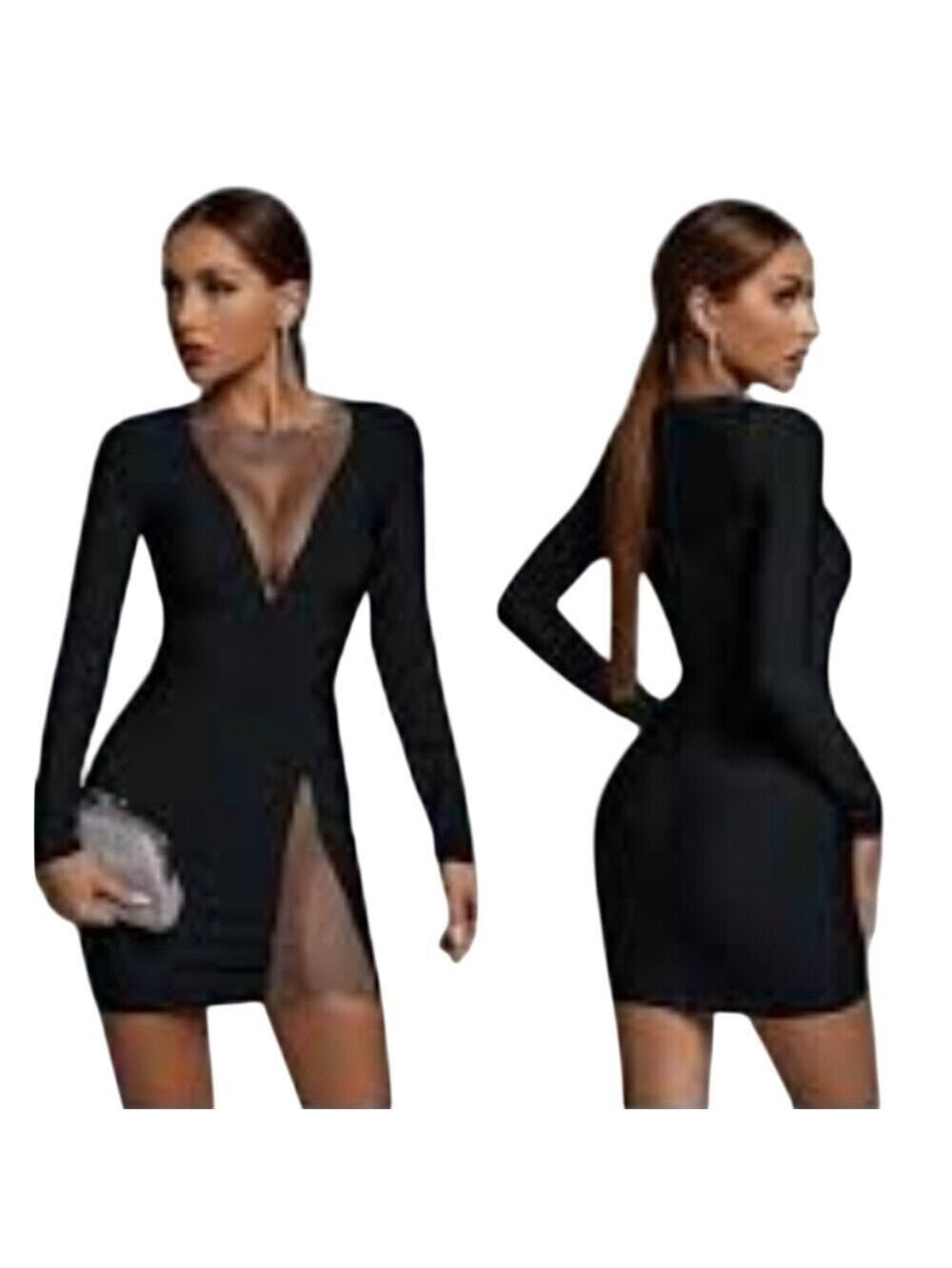Bella Barnette Long Sleeve Mini Bodycon Dress Deep V Neck Black,  Large